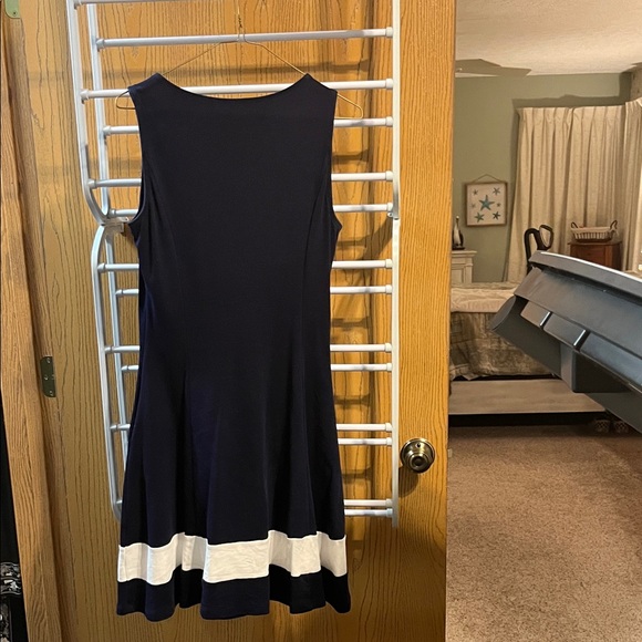 New York & Company Navy Sleeveless Midi Dress with White Hem Bands - Picture 2 of 3